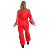 A woman viewed from behind wearing a bright red one-piece jumpsuit with black-and-white checkered sleeve panels, standing against a plain white background.