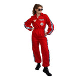A woman modeling a red one-piece jumpsuit with racing-inspired graphics, including checkered sleeve and side stripes, a chest patch, and a circular logo, against a plain white background.
