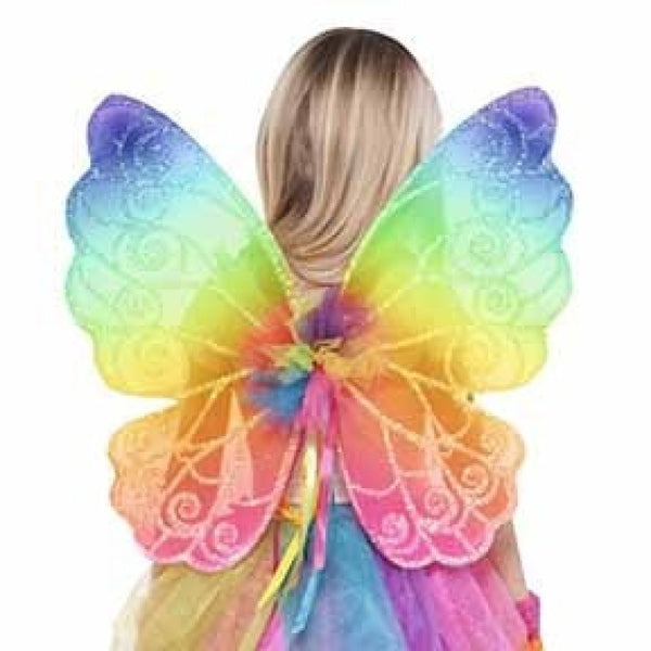 rainbow fairy wings for child embellished with glitter and ribbons.