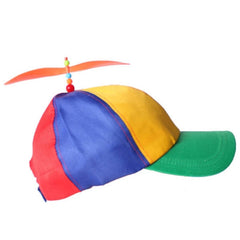 Colourful rainbow hat with top propeller and adjustable Velcro strap