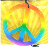 Rainbow peace symbol medallion necklace on black cord.