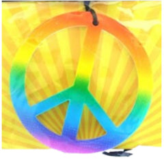 Rainbow peace symbol medallion necklace on black cord.
