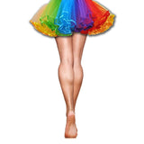 Elastic waist rainbow skirt with bow tie detail – vibrant festival accessory.