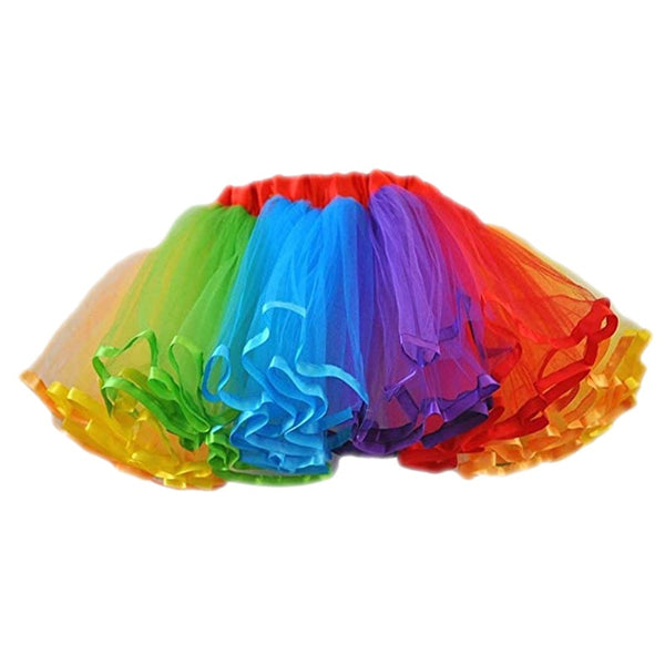 Adult rainbow tutu skirt with satin trim and layered tulle – perfect for Pride or costume parties.