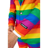 Colorful rainbow-patterned jacket with a brand label on a white background
