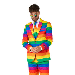 Rainbow Suit by Suitmeister with jacket, trousers, and tie – colourful outfit for Mardi Gras, pride parades, and festivals