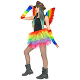 A model wearing a vibrant rainbow-themed costume featuring a tiered tulle tutu skirt, matching arm warmers, a hat, and a feathered wing back, posed against a solid white background.