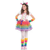 Rainbow unicorn costume for a child, dress with layers of frills on skirt, colourfull leg warmers and wrist warmers and headband.