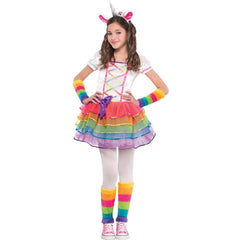Girl wearing a rainbow unicorn costume with unicorn headband, detachable tail and colourful accessories for Book Week or fantasy dress-up.