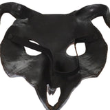 Ram skull cult mask in soft foam latex style with white bone face, black and silver horns, half-face design, and elastic strap for comfortable fit