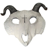 Ram skull cult mask in soft foam latex style with white bone face, black and silver horns, half-face design, and elastic strap for comfortable fit