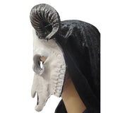 Mask with ram horns and a dark hood on a white background