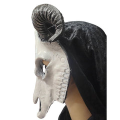 Mask with black horns and a black cross on a white background