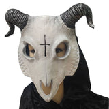 Mask with black horns and a black cross on a white background