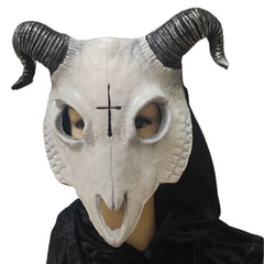 Mask with black horns and a black cross on a white background