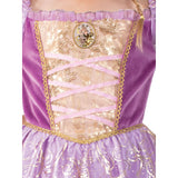 Close-up of the Rapunzel Deluxe Princess Dress bodice with gold detailing and character pendant