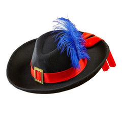 Black musketeer hat with red band and blue feather
