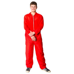 Adult red overalls costume jumpsuit with front zip and relaxed fit