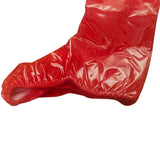 bottom of red boot toppers with elastic fitting mechanism on white background
