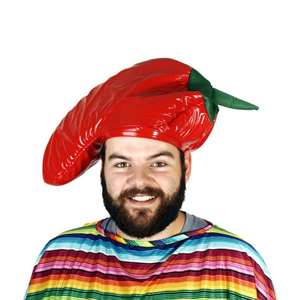 Red chilli pepper novelty costume hat, plush and adult-sized, ideal for Mexican or food-themed parties