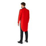 Red Circus Tailcoat Mens Suitmeister Suit, red tailoat with gold swirl lapel, black pants and bow tie. Long red tailcoat which comes to the knees at the back.
