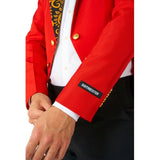 Red Circus Tailcoat Mens Suitmeister Suit, red tailoat with gold swirl lapel, black pants and bow tie. Gold button detail on coat and sleeves.