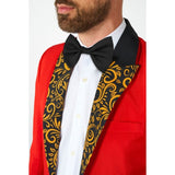 Red Circus Tailcoat Mens Suitmeister Suit, red tailoat with gold swirl lapel, black pants and bow tie. Black and gold swirl design on lapel.