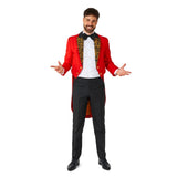 Red Circus Tailcoat Mens Suitmeister Suit, red tailoat with gold swirl lapel, black pants and bow tie.