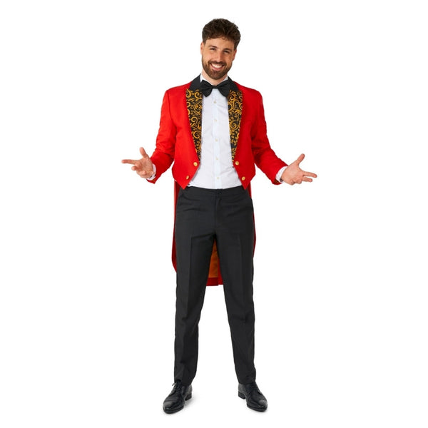 Red Circus Tailcoat Mens Suitmeister Suit, red tailoat with gold swirl lapel, black pants and bow tie.