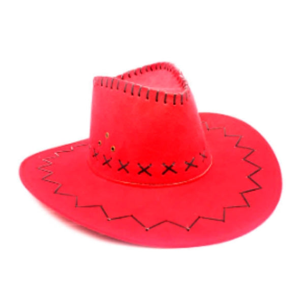 Red Cowboy Hat with leather look dark lacing and chin strap.
