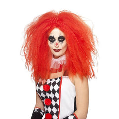 Red crimped clown wig, long synthetic wig with shoulder-length volume – Halloween or carnival costume wig