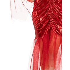 Red Devil Bride costume with shiny red mermaid dress, sheer sleeves, and horned veil 