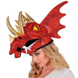 Woman wearing dragon hat with wings and horns
