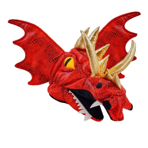 Red dragon costume hat with gold horns and teeth