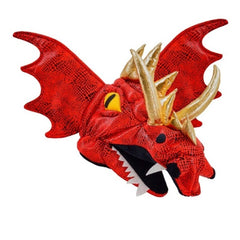 Red dragon costume hat with gold horns and teeth