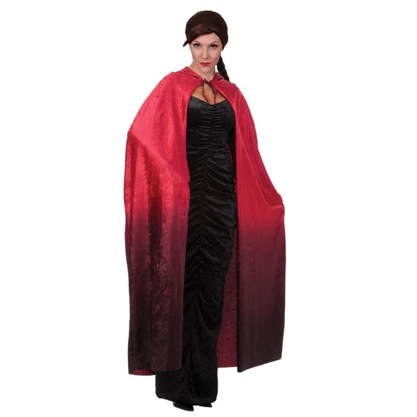 Second image of the 140cm red faded hooded cape, showing the distressed fabric texture and full drape of the cape from a different angle.