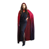 Red faded hooded cape is ankle length and ties at the neck