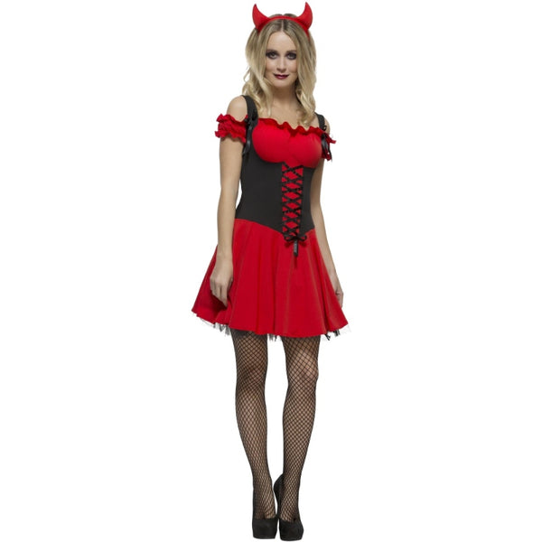 Red Fever Wicked Devil women’s costume with corset-style dress, underskirt, and devil horns headband