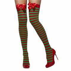 Red and Green Striped Opaque Hold Ups with red satin bows.