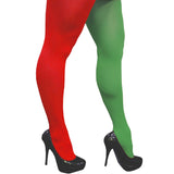 Adult full length two colour tights with one red leg and one green leg