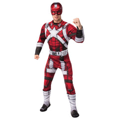 Red Guardian adult costume with jumpsuit and mask