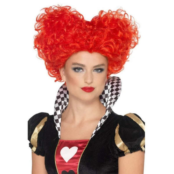 Red heart shaped wig with curls, perfect for your Alice in Wonderland Queen costume