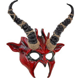 Red Horned Demon Mask with Long Black Rope-Wrapped Horns – Front View