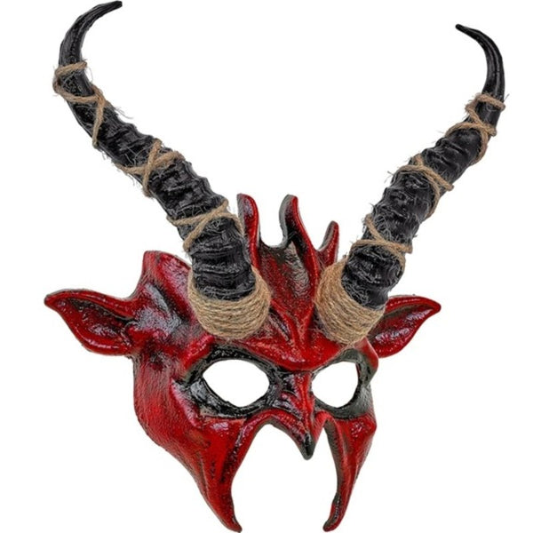 Red Horned Demon Mask with Long Black Rope-Wrapped Horns – Front View