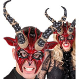Red Horned Demon Mask Worn with Mens and Womens Halloween Costumes