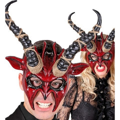 Red Horned Demon Mask with Long Black Rope-Wrapped Horns – Front View
