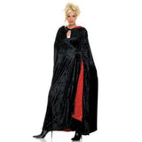 Red lined velvet hooded cape with black exterior and red trim for hire in Brisbane