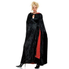 Red lined velvet hooded cape with black exterior and red trim for hire in Brisbane