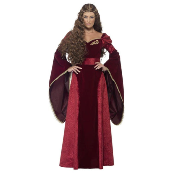 Red Medieval Queen Deluxe Costume with oversize medieval sleeves and embroidery on neckline.