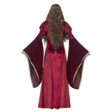 Rear view of red medieval gown showing flowing fabric and belt detail – perfect for historical events.